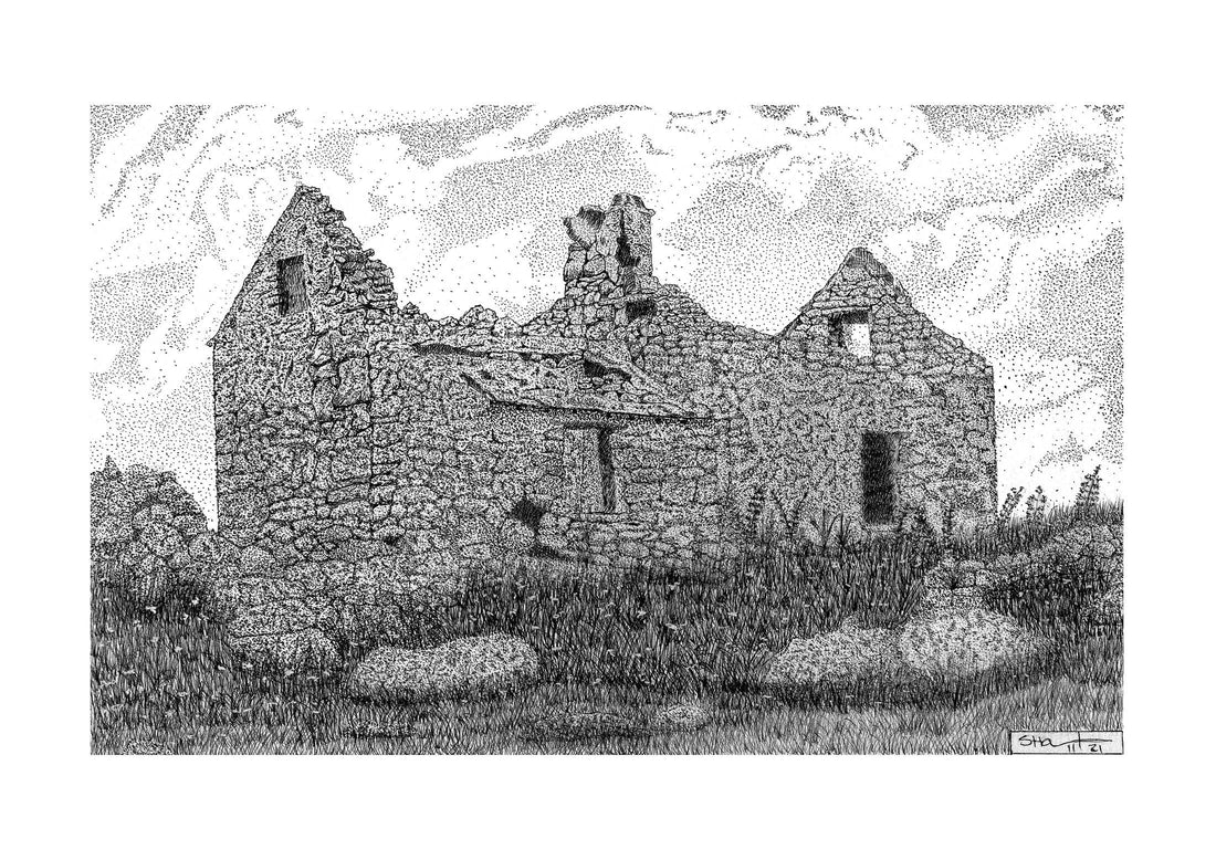 ink drawing of a famine era farmhouse on omey island county galway