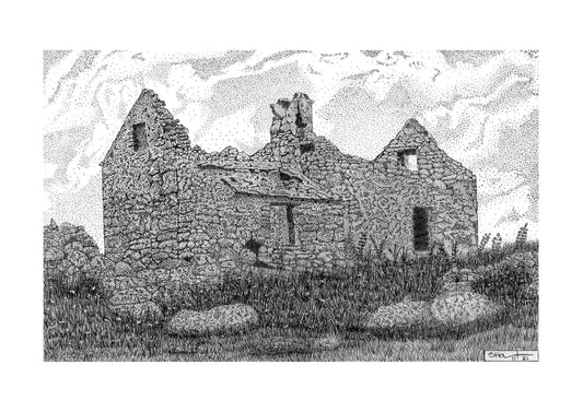 ink drawing of a famine era farmhouse on omey island county galway