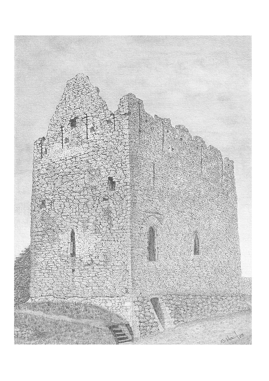 a graphite drawing of athenry castle before restoration