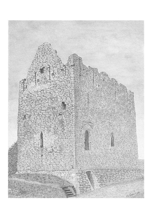 a graphite drawing of athenry castle before restoration