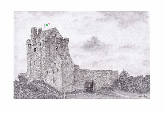 ink and graphite drawing of dunguaire castle in kinvara county galway