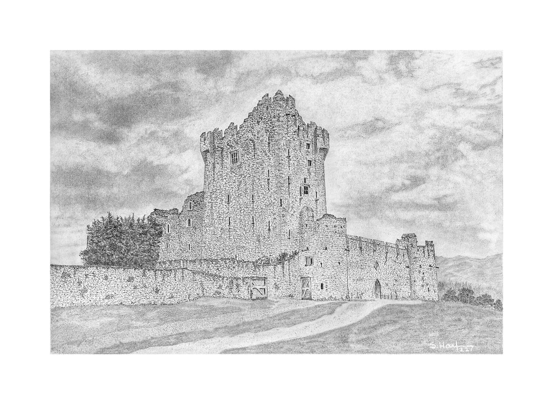 ink and graphite drawing of ross castle in county kerry