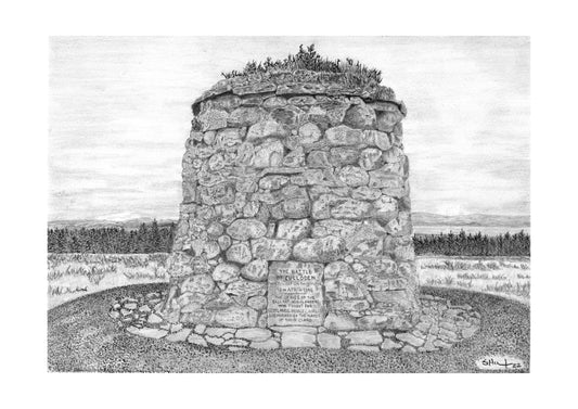 graphite drawing of the cairn in culloden honoring those who fell in 1746