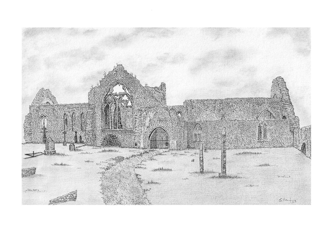 an ink and graphite drawing of the dominican priory in athenry