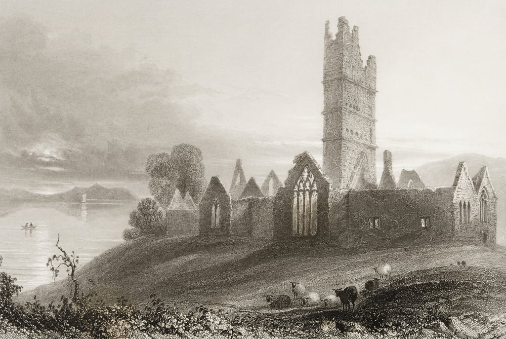 an image of moyne abbey in county mayo, drawn by w.h. bartlett