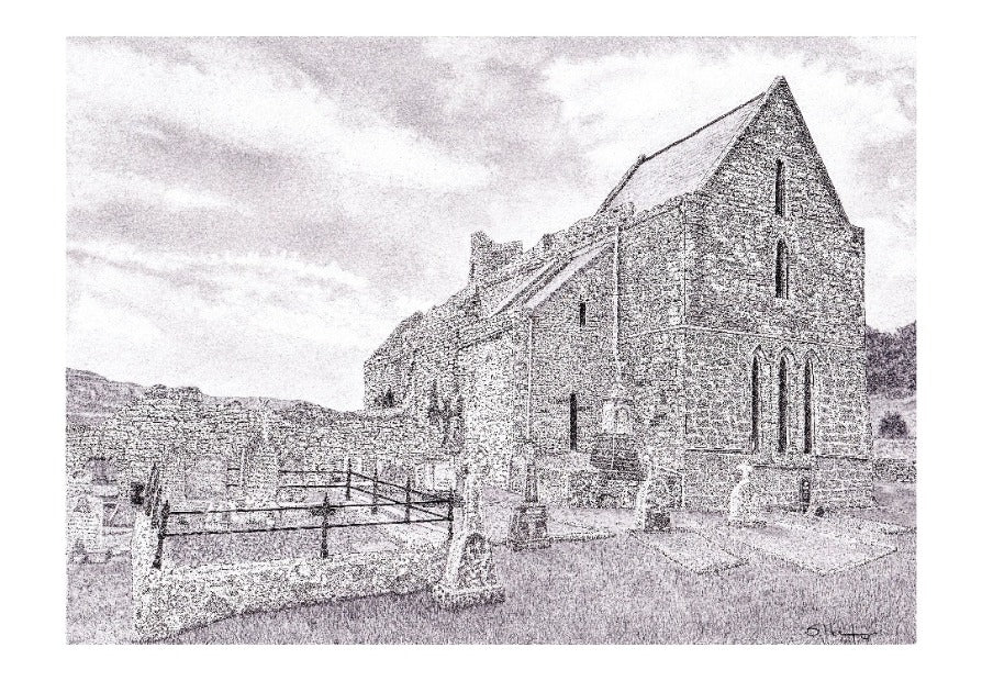 an ink and graphite drawing of corcomroe abbey from far side of abbey